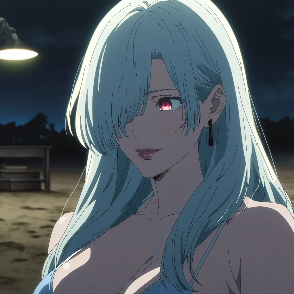1girl, female gojo satoru, anime screencap from jujutsu kaisen, gojo satoru female version, solo, long_hair, Red eyes (silver_hair)), night view, (hanging breasts) upper_body, smile, indoors, book, red_eyes, lips, (low ponytail) ((wearing bikini, beach view)) breast, "very detailed and high resolution" (Red eyes) (cross arms) ((long hair, hair over one eyes)) ((solo)) (front view) (earings) ((high resolution)) ((good quality)) ((side bangs))