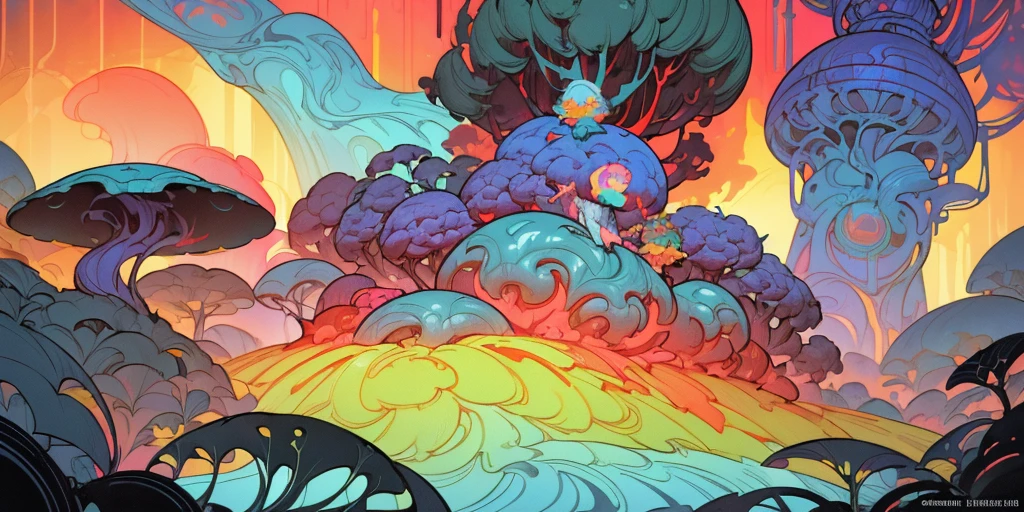 surreal lush forest mixed media, a (Paul Lehr Bernie Fuchs) magical fantasy designed, vivid colours, cryptic, mystical, flowing organic pop surrealism by james jean, roby dwi antono, ross tran, steven kenny, paul neberra, ashley wood, atmospheric, trending on artstation. 8 k masterpiece, fluid, filigree, smoke,