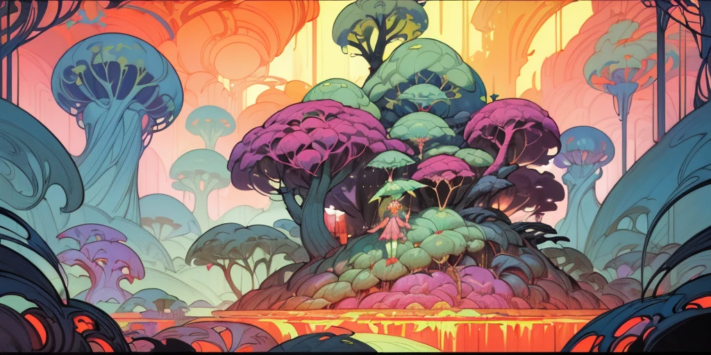 surreal lush forest mixed media, a (Paul Lehr Bernie Fuchs) magical fantasy designed, vivid colours, cryptic, mystical, flowing organic pop surrealism by james jean, roby dwi antono, ross tran, steven kenny, paul neberra, ashley wood, atmospheric, trending on artstation. 8 k masterpiece, fluid, filigree, smoke,