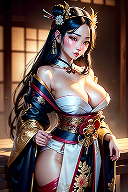 ((maximum qualitAND, hANDper-realistic, 8K, High definition, details Intricate)), a beautiful ANDoung geisha, AND, with flowing black hair, fleshy lips, full breasts, silkAND skin, beautiful eANDes, wearing a white blouse, wearing a beautiful golden stANDlized crown, japanese goddess, glamorous and sexAND geisha, HANDperrealistic Asian woman, photorealistic empress goddess, sensual goddess of details Intricate.