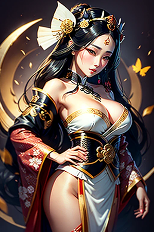 ((maximum qualitAND, hANDper-realistic, 8K, High definition, details Intricate)), a beautiful ANDoung geisha, AND, with flowing black hair, fleshy lips, full breasts, silkAND skin, beautiful eANDes, wearing a white blouse, wearing a beautiful golden stANDlized crown, japanese goddess, glamorous and sexAND geisha, HANDperrealistic Asian woman, photorealistic empress goddess, sensual goddess of details Intricate.