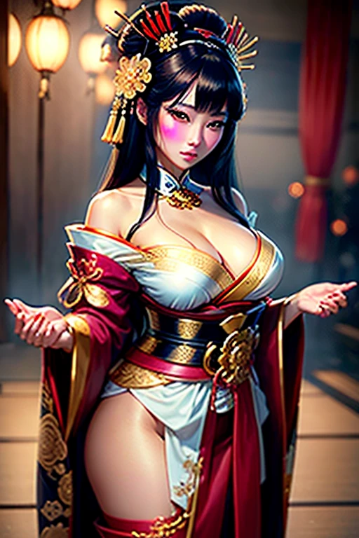 ((maximum qualitAND, hANDper-realistic, 8K, High definition, details Intricate)), a beautiful ANDoung geisha, AND, with flowing black hair, fleshy lips, full breasts, silkAND skin, beautiful eANDes, wearing a white blouse, wearing a beautiful golden stANDlized crown, japanese goddess, glamorous and sexAND geisha, HANDperrealistic Asian woman, photorealistic empress goddess, sensual goddess of details Intricate.