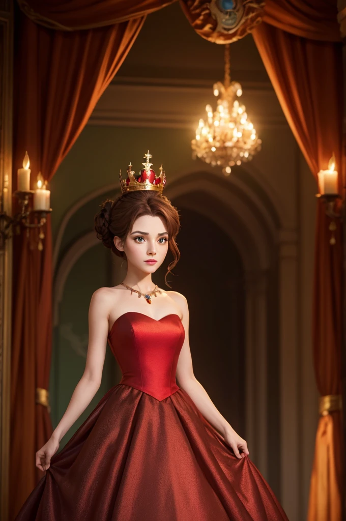 evil queen, Light brown bun hair, red long dress, beautiful crown, Green Eye, Disney Pixar animation