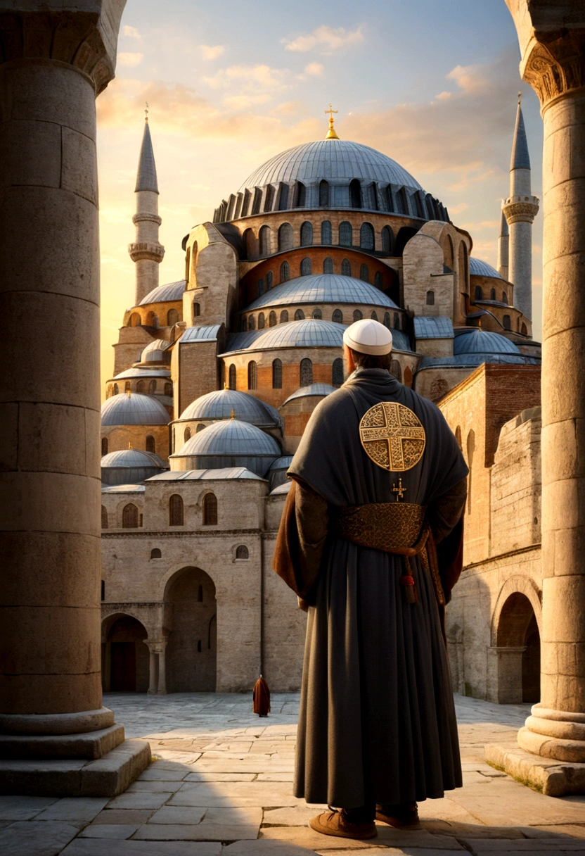 {
"prompt": "A detailed image of Constantinople at dawn, with its impressive Theodosian walls and the Hagia Sophia at the center. In the foreground, a small Byzantine church with a dome and a cross on top. Two people, a man and a woman in traditional Byzantine attire, stand in front of the church. The man has a serious expression, while the woman looks contemplative. The background shows a bustling historical city with an air of grandeur and history.",
"size": "1024x1024"
}