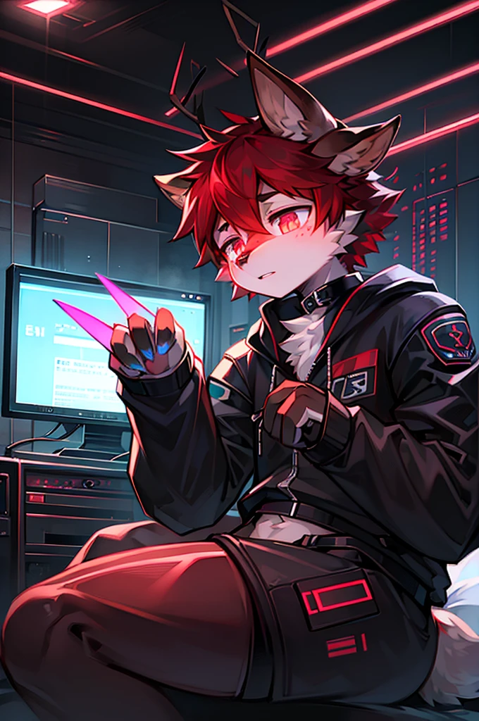 one cute fluffy deer boy, (red fur), bright red hair with black highlights, glowing cyan eyes, tecnologycal, android deer, glowing cyan and black lights running over his body, glowing fawn spots, glowing freckles, emo outfit,  black outfit, cyberpunk, deer hooves, deer tail, deer ears, antlers, antenna, radio, tv, wi-fi, technology, deer, human face, brown skin, dark skin, 