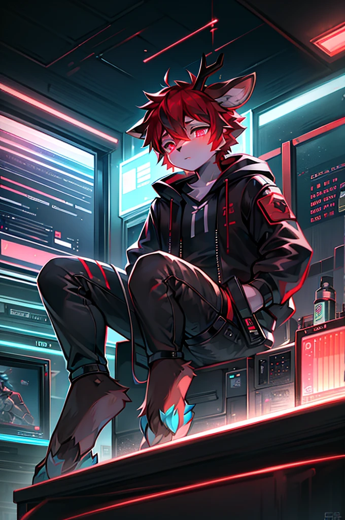 one cute fluffy deer boy, (red fur), bright red hair with black highlights, glowing cyan eyes, tecnologycal, android deer, glowing cyan and black lights running over his body, glowing fawn spots, glowing freckles, emo outfit,  black outfit, cyberpunk, deer hooves, deer tail, deer ears, antlers, antenna, radio, tv, wi-fi, technology, deer, human face, brown skin, dark skin, 