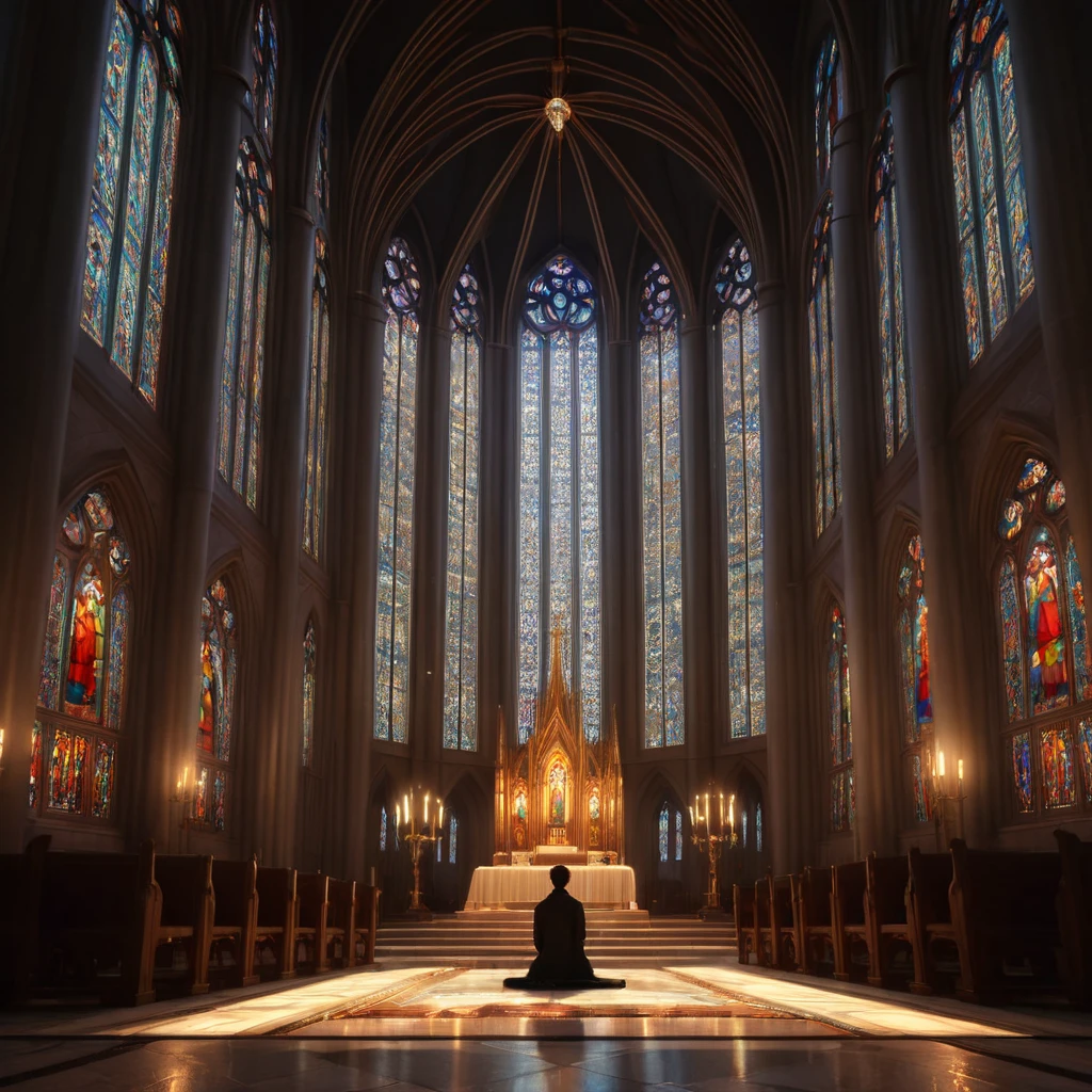 arafa view of a person sitting in a church with stained glass windows, makoto shinkai. octane rendering, in a large cathedral, akihiko yoshida. engine unreal, octane rendering. por Makoto Shinkai, beautiful, cinematic lighting, stunning visuals with rtx on, engine unreal render concept art, cathedral background, rendered in engine unreal 5