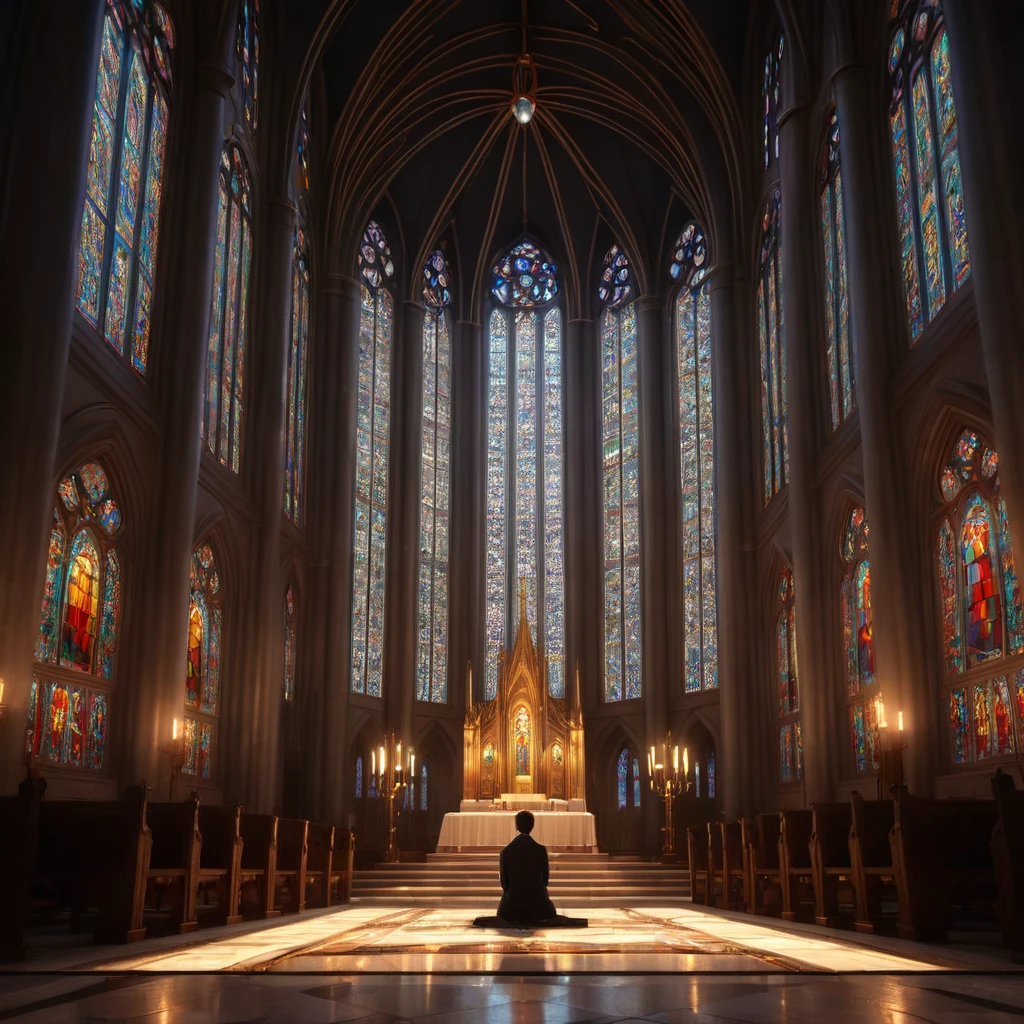 arafa view of a person sitting in a church with stained glass windows, makoto shinkai. octane rendering, in a large cathedral, akihiko yoshida. engine unreal, octane rendering. por Makoto Shinkai, beautiful, cinematic lighting, stunning visuals with rtx on, engine unreal render concept art, cathedral background, rendered in engine unreal 5