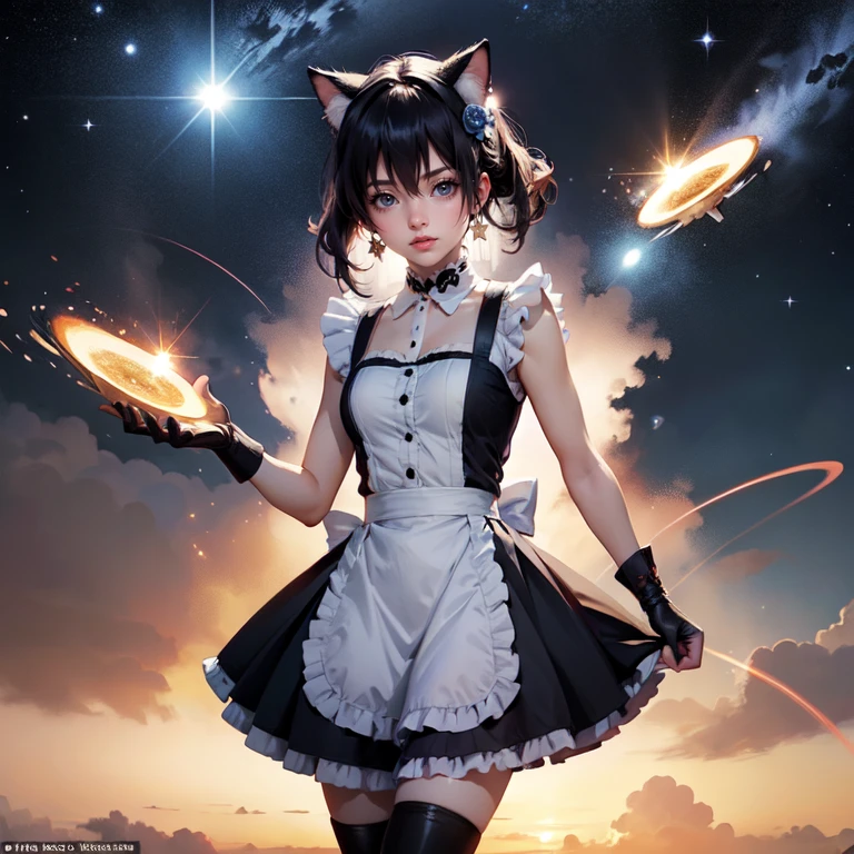 1girl, black maid dress, jewelry, dark blue hair, flowing hair, heterochromia, short hair, black maid dress with a short skirt and layers, black laces, black boots, black dress with transparency, gold details on her clothes, cat ears, animal ears,  more details, perfectly body, perfectly hands, two hands, two legs, two arms, five fingers, glowing hair, best quality, hat, cat ears, tail ornament, tail bow, black gloves, two cat tail, black gloves, alone, maid headdress, choker, detached sleeves, maid dress, maid black dress, strapless, masterpeice, best quality, detailed face, night, asymmetrical gloves, bangs, black short skirt , black gloves, black boots, earrings, elbow gloves, fishnet thighhighs, fishmasterpeice, solo, best quality, detailed face, gloves, hair between eyes, jewelry, looking at viewer, single earring, sky, sleeveless, solo, thigh boots, thighhighs, tongue, tongue out, uneven gloves, solo, alone, Looking at the viewer, More details on the clothes, magenta roses on her hair, space scenery, maid, maid dress, magenta details, magenta roses, maid headdress, maid apron, wave hair, seat on the Saturn rings, more details on her clothes, gold details on her clothes, space, smiling, standing her hand to a viewer, looking at the viewer, in the background a several asteroids glowing with fiery auras, Dramatic lighting from distant stars and planets illuminates the scene, looking at the vast and mysterious universe, cowboy shot, upper body portrait, more details, sparkle,