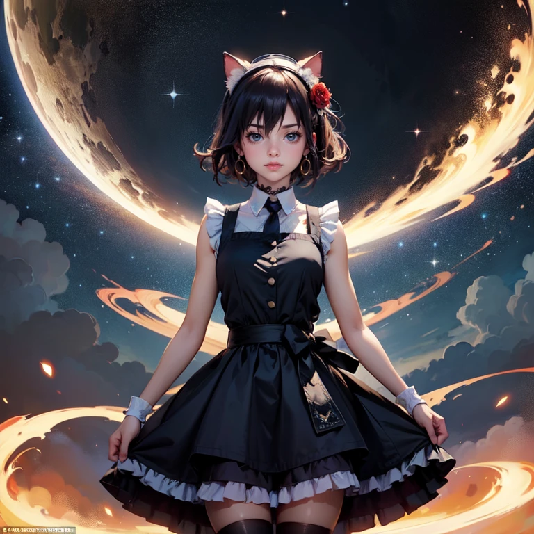 1girl, black maid dress, jewelry, dark blue hair, flowing hair, heterochromia, short hair, black maid dress with a short skirt and layers, black laces, black boots, black dress with transparency, gold details on her clothes, cat ears, animal ears,  more details, perfectly body, perfectly hands, two hands, two legs, two arms, five fingers, glowing hair, best quality, hat, cat ears, tail ornament, tail bow, black gloves, two cat tail, black gloves, alone, maid headdress, choker, detached sleeves, maid dress, maid black dress, strapless, masterpeice, best quality, detailed face, night, asymmetrical gloves, bangs, black short skirt , black gloves, black boots, earrings, elbow gloves, fishnet thighhighs, fishmasterpeice, solo, best quality, detailed face, gloves, hair between eyes, jewelry, looking at viewer, single earring, sky, sleeveless, solo, thigh boots, thighhighs, tongue, tongue out, uneven gloves, solo, alone, Looking at the viewer, More details on the clothes, magenta roses on her hair, space scenery, maid, maid dress, magenta details, magenta roses, maid headdress, maid apron, wave hair, seat on the Saturn rings, more details on her clothes, gold details on her clothes, space, smiling, standing her hand to a viewer, looking at the viewer, in the background a several asteroids glowing with fiery auras, Dramatic lighting from distant stars and planets illuminates the scene, looking at the vast and mysterious universe, cowboy shot, upper body portrait, more details, sparkle,