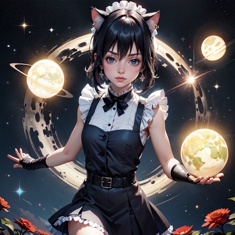 1girl, black maid dress, jewelry, dark blue hair, flowing hair, heterochromia, short hair, black maid dress with a short skirt and layers, black laces, black boots, black dress with transparency, gold details on her clothes, cat ears, animal ears,  more details, perfectly body, perfectly hands, two hands, two legs, two arms, five fingers, glowing hair, best quality, hat, cat ears, tail ornament, tail bow, black gloves, two cat tail, black gloves, alone, maid headdress, choker, detached sleeves, maid dress, maid black dress, strapless, masterpeice, best quality, detailed face, night, asymmetrical gloves, bangs, black short skirt , black gloves, black boots, earrings, elbow gloves, fishnet thighhighs, fishmasterpeice, solo, best quality, detailed face, gloves, hair between eyes, jewelry, looking at viewer, single earring, sky, sleeveless, solo, thigh boots, thighhighs, tongue, tongue out, uneven gloves, solo, alone, Looking at the viewer, More details on the clothes, magenta roses on her hair, space scenery, maid, maid dress, magenta details, magenta roses, maid headdress, maid apron, wave hair, seat on the Saturn rings, more details on her clothes, gold details on her clothes, space, smiling, standing her hand to a viewer, looking at the viewer, in the background a several asteroids glowing with fiery auras, Dramatic lighting from distant stars and planets illuminates the scene, looking at the vast and mysterious universe, cowboy shot, upper body portrait, more details, sparkle,