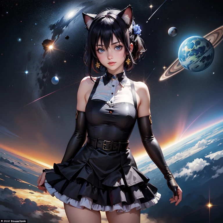 1girl, black maid dress, jewelry, dark blue hair, flowing hair, heterochromia, short hair, black maid dress with a short skirt and layers, black laces, black boots, black dress with transparency, gold details on her clothes, cat ears, animal ears,  more details, perfectly body, perfectly hands, two hands, two legs, two arms, five fingers, glowing hair, best quality, hat, cat ears, tail ornament, tail bow, black gloves, two cat tail, black gloves, alone, maid headdress, choker, detached sleeves, maid dress, maid black dress, strapless, masterpeice, best quality, detailed face, night, asymmetrical gloves, bangs, black short skirt , black gloves, black boots, earrings, elbow gloves, fishnet thighhighs, fishmasterpeice, solo, best quality, detailed face, gloves, hair between eyes, jewelry, looking at viewer, single earring, sky, sleeveless, solo, thigh boots, thighhighs, tongue, tongue out, uneven gloves, solo, alone, Looking at the viewer, More details on the clothes, magenta roses on her hair, space scenery, maid, maid dress, magenta details, magenta roses, maid headdress, maid apron, wave hair, seat on the Saturn rings, more details on her clothes, gold details on her clothes, space, smiling, standing her hand to a viewer, looking at the viewer, in the background a several asteroids glowing with fiery auras, Dramatic lighting from distant stars and planets illuminates the scene, looking at the vast and mysterious universe, cowboy shot, upper body portrait, more details, sparkle,