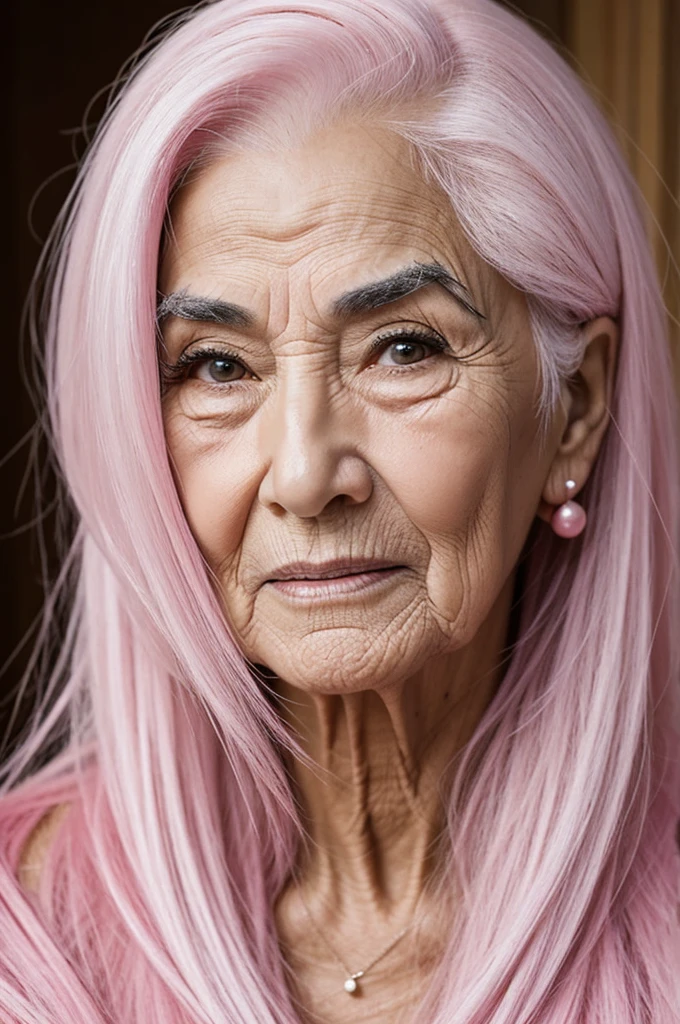 Elderly lady with big eyebrows pink skin long white hair