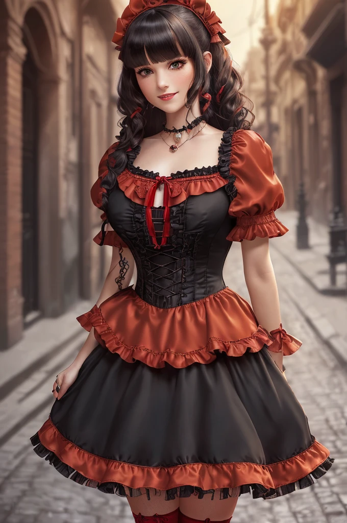 1woman, masterpiece, best quality, ultra-detailed, beautiful detailed, (((extremely detailed face))), (((blunt bangs))), (((big frills and ribbon))), grin, (((red blouse))), (black skirt), suspender dress, frills, lace, (long hair), ((garter belt)), (((piercing jewelry))), (((look down))), (dirty street), (jack o lantern), (Red Riding Hood), (crowd), ((short bob hair))