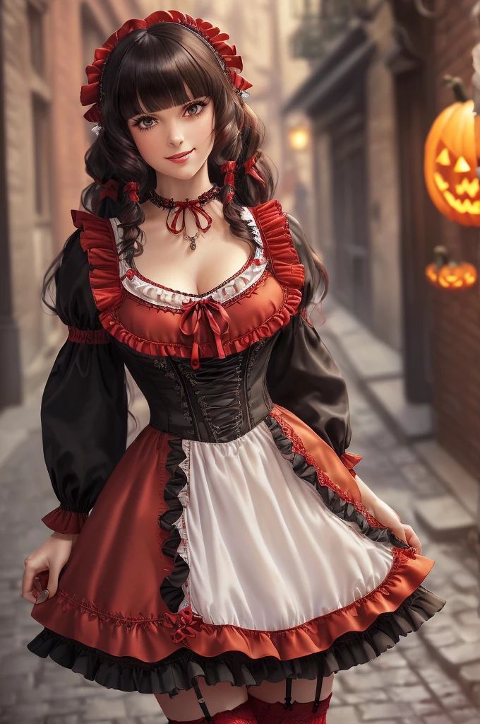 1woman, masterpiece, best quality, ultra-detailed, beautiful detailed, (((extremely detailed face))), (((blunt bangs))), (((big frills and ribbon))), grin, (((red blouse))), (black skirt), suspender dress, frills, lace, (long hair), ((garter belt)), (((piercing jewelry))), (((look down))), (dirty street), (jack o lantern), (Red Riding Hood), (crowd), ((short bob hair))