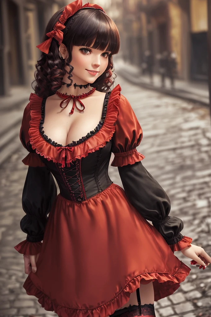 1woman, masterpiece, best quality, ultra-detailed, beautiful detailed, (((extremely detailed face))), (((blunt bangs))), (((big frills and ribbon))), grin, (((red blouse))), (black skirt), suspender dress, frills, lace, (long hair), ((garter belt)), (((piercing jewelry))), (((look down))), (dirty street), (jack o lantern), (Red Riding Hood), (crowd), ((short bob hair))