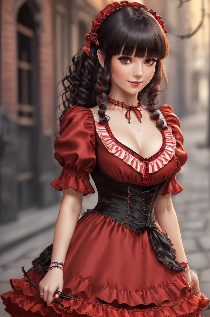 1woman, masterpiece, best quality, ultra-detailed, beautiful detailed, (((extremely detailed face))), (((blunt bangs))), (((big frills and ribbon))), grin, (((red blouse))), (black skirt), suspender dress, frills, lace, (long hair), ((garter belt)), (((piercing jewelry))), (((look down))), (dirty street), (jack o lantern), (Red Riding Hood), (crowd), ((short bob hair))