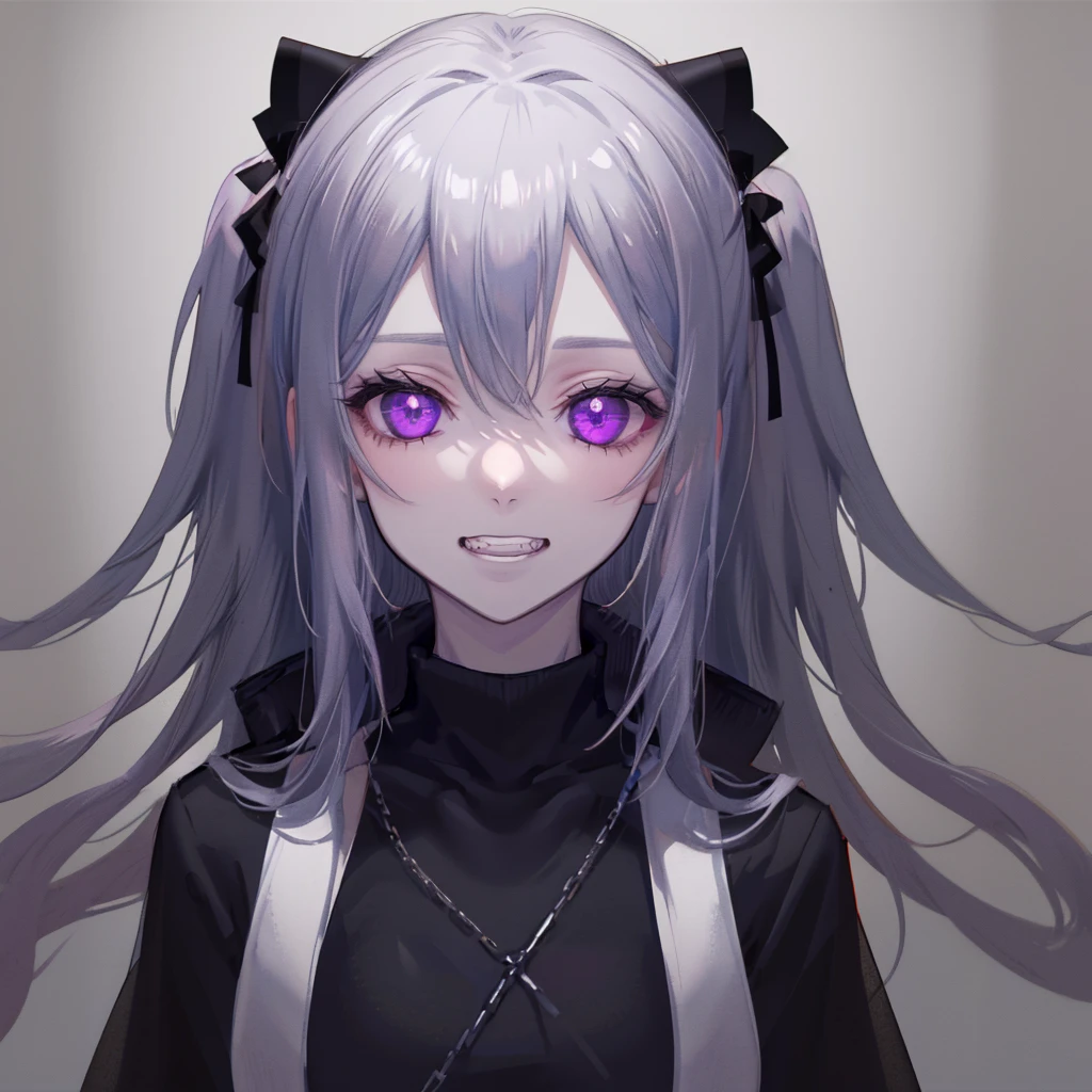 best quality, masterpiece, very aesthetic, half-length portrait, front view, facing_viewer, Front Facing,1 girl, black hair, long hair, monochromatic, pale face, crazy eyes, insane, sleeveless turtleneck, wearing coat with low hanging shoulders, purple eyes, looking_at_viewer, yandere face, gesugao, crazy grin, black linings, stark white background, plain background, simple_background ,edgGesugao, clenching teeth, yandere, disgusted