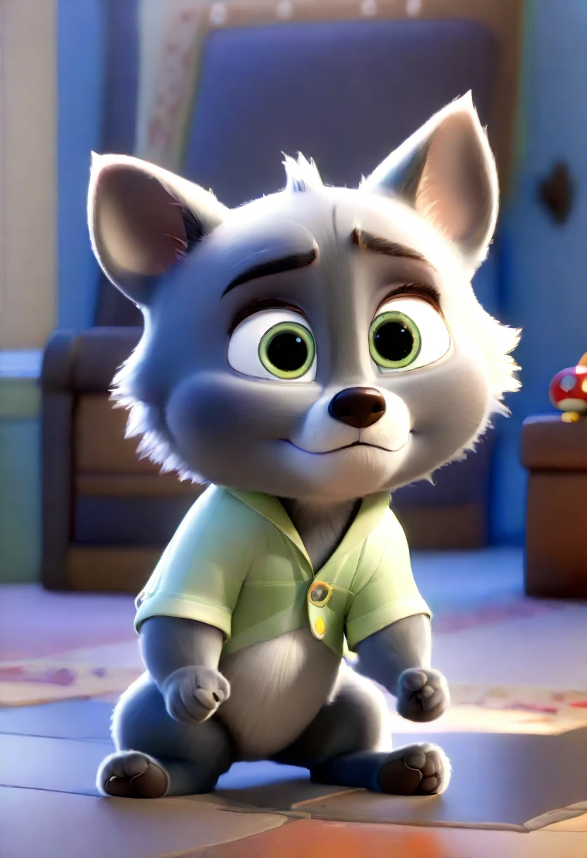 create a 4k image, 3d, Disney cartoon cards/Pixar of one "6 month old boy, blacksad". sitting on the floor, usando fantasia do Mickey mouse!