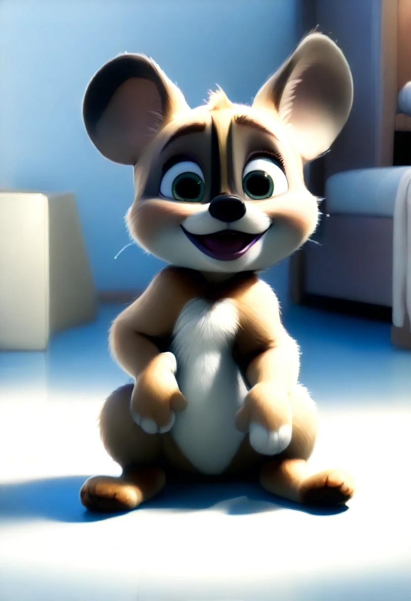 create a 4k image, 3d, Disney cartoon cards/Pixar of one "6 month old boy, blacksad". sitting on the floor, usando fantasia do Mickey mouse!