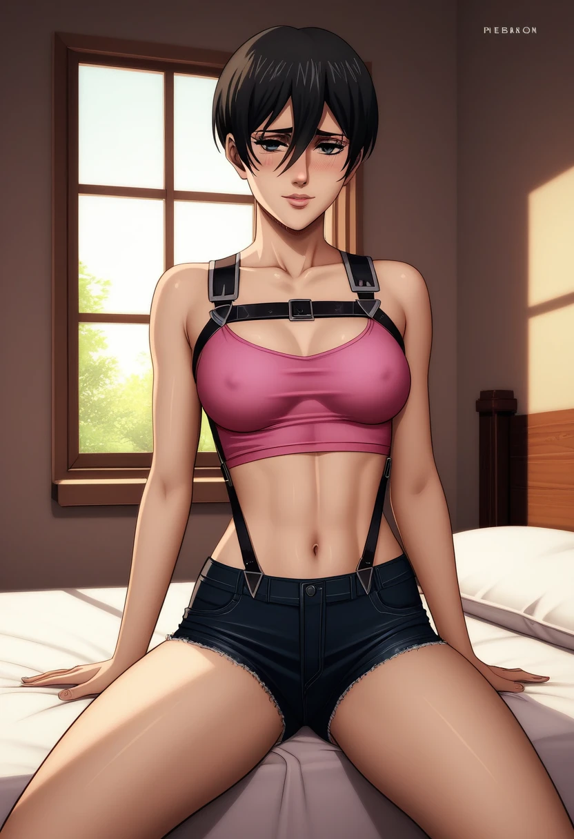 score_9_up, score_8_up, score_7_up, 1girl, solo, mature female, ((Mikasa Ackerman)), ((black very short hair)), ((black pixie cut)), black eyes, pink lips, fit slim body,(((perfect erected medium breast))) (((pink tight top, tight jean shorts, black harness))), (((highly detailed bedroom, window, bed))), perfect fit model body, wide hips, shy smile, seductive pose