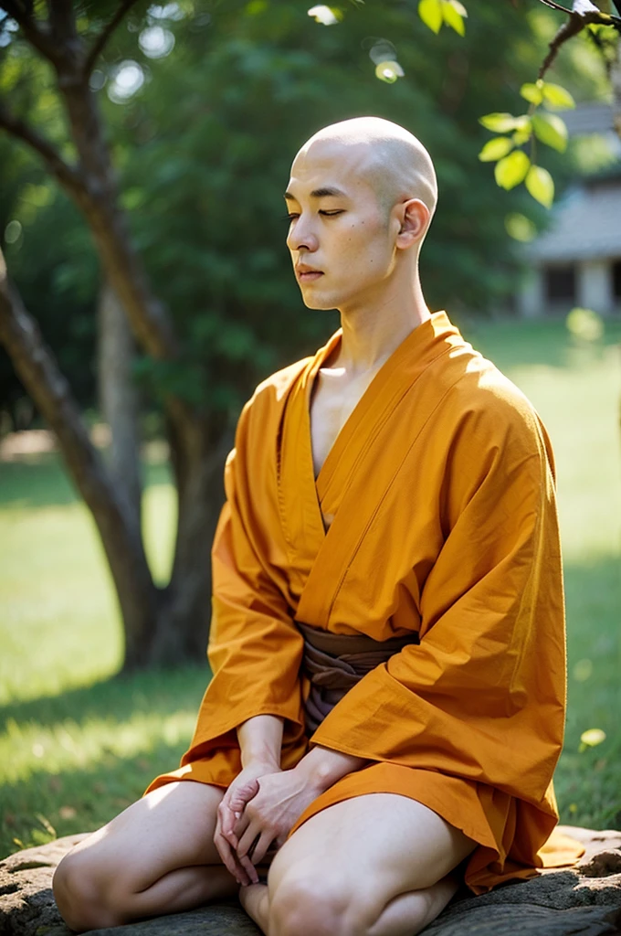 A detailed picture of a monk sitting meditation, could be sitting under a big tree, full body, eyes closed. his head shaved bald. Buddhism style. The monk clothing drapes elegantly but do not expose the body , and the dark yellow, could be in nature, background contrasts sharply with the monk, making it the focal point. The overall ambiance of the image is peacefully, emphasized by the play of light and shadow. Wide shot. front view. Realistic, Hyper detailed.
