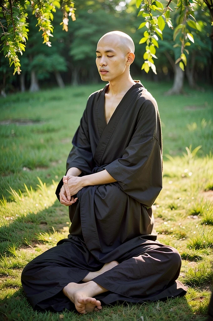 A detailed picture of a monk sitting meditation, could be sitting under a big tree, full body, eyes closed. his head shaved bald. Buddhism style. The monk clothing drapes elegantly but do not expose the body , and the dark yellow, could be in nature, background contrasts sharply with the monk, making it the focal point. The overall ambiance of the image is peacefully, emphasized by the play of light and shadow. Wide shot. front view. Realistic, Hyper detailed.