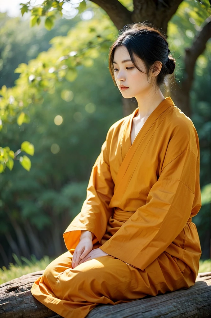 A detailed picture of a monk sitting meditation, could be sitting under a big tree, full body, eyes closed. his head shaved bald. Buddhism style. The monk clothing drapes elegantly but do not expose the body , and the dark yellow, could be in nature, background contrasts sharply with the monk, making it the focal point. The overall ambiance of the image is peacefully, emphasized by the play of light and shadow. Wide shot. front view. Realistic, Hyper detailed.