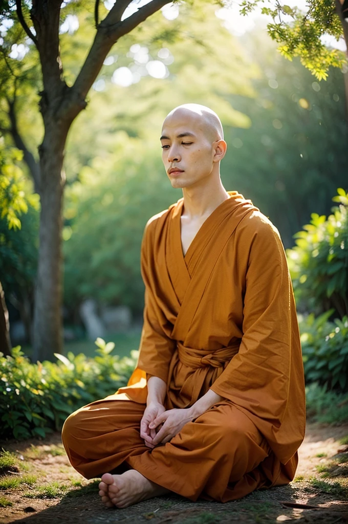 A detailed picture of a monk sitting meditation, could be sitting under a big tree, full body, eyes closed. his head shaved bald. Buddhism style. The monk clothing drapes elegantly but do not expose the body , and the dark yellow, could be in nature, background contrasts sharply with the monk, making it the focal point. The overall ambiance of the image is peacefully, emphasized by the play of light and shadow. Wide shot. front view. Realistic, Hyper detailed.