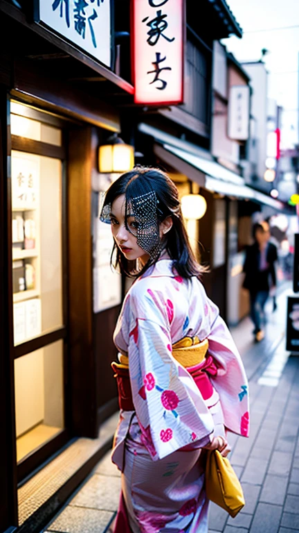 a beautiful young woman in a traditional japanese yukata walking down a narrow street in tokyo, japan with japanese signs and shop fronts, highly detailed, 4k, photorealistic, warm lighting, vibrant colors, beautiful detailed eyes, beautiful detailed lips, extremely detailed face, long eyelashes, cinematic, masterpiece, 4k