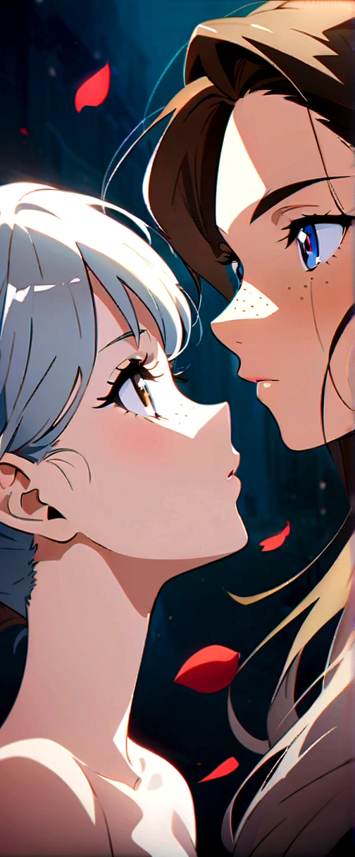 beautiful anime girls, two girls kissing, one girl has short wavy brown hair, the other has silver hair, freckles. Naked, small breasts, petals, dark eyelashes, perfect eyes, perfect face, intricate, intricate details, epic, character portrait, cinematic portrait, anime, anime art