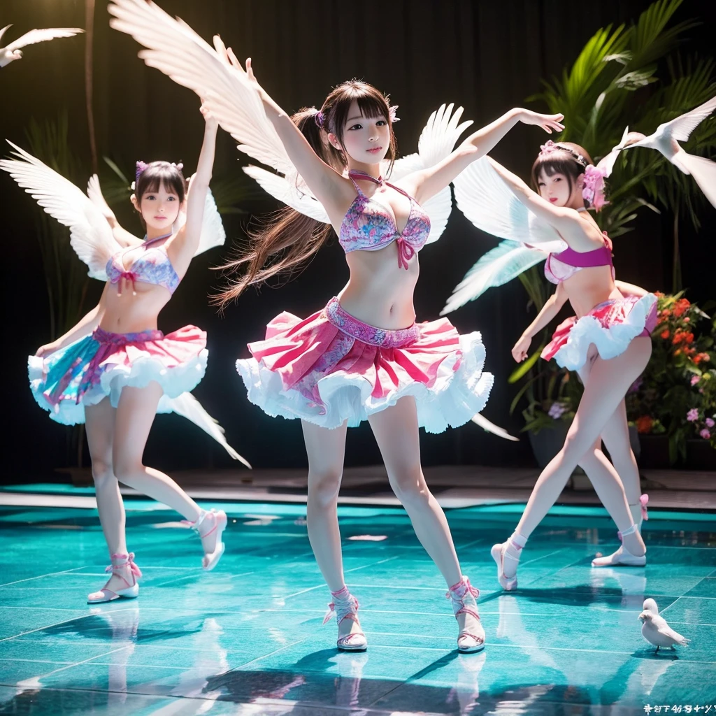 Cute Japan、Three sexy beauties perform synchronized dancing、Surreal and dreamlike environments。The scene captures their choreography with bird&#39;s-eye views and wide shots.、It&#39;s harmonious and smooth。The lighting is blue and purple、It enhances the dreamlike atmosphere of this scene.。