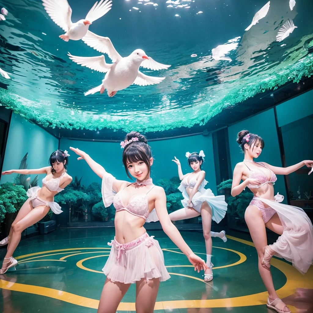 Cute Japan、Three sexy beauties perform synchronized dancing、Surreal and dreamlike environments。The scene captures their choreography with bird&#39;s-eye views and wide shots.、It&#39;s harmonious and smooth。The lighting is blue and purple、It enhances the dreamlike atmosphere of this scene.。