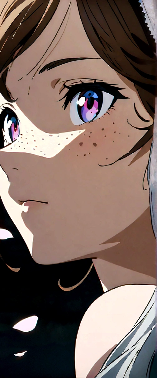 beautiful anime girls, two girls kissing, one girl has short wavy brown hair, the other has silver hair, freckles. Naked, small breasts, petals, dark eyelashes, perfect eyes, perfect face, intricate, intricate details, epic, character portrait, cinematic portrait, anime, anime art