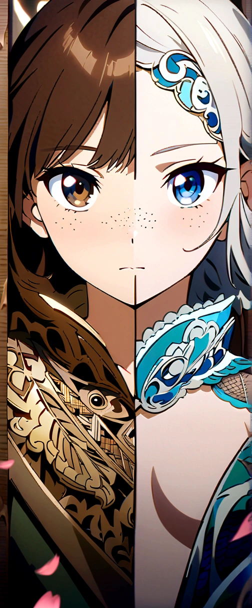beautiful anime girls, two girls kissing, one girl has short wavy brown hair, the other has silver hair, freckles. Naked, small breasts, petals, dark eyelashes, perfect eyes, perfect face, intricate, intricate details, epic, character portrait, cinematic portrait, anime, anime art