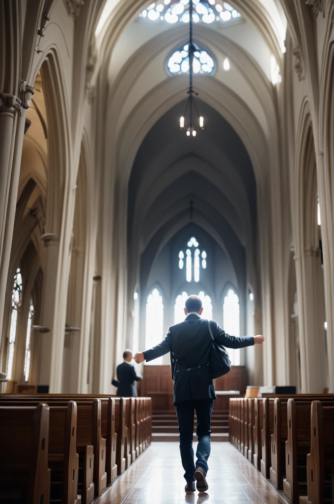 Create an image of a person returning to an evangelical church 