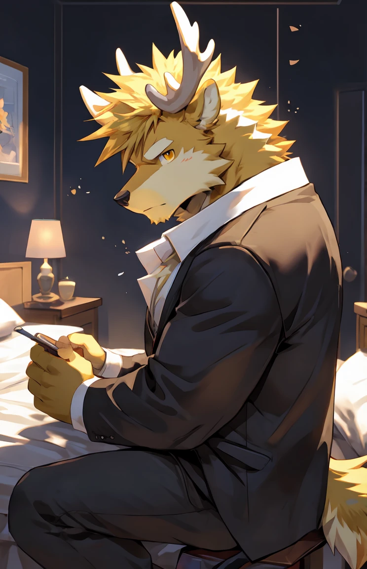 (by sollyz),Elk,detail face, detail eyes, detail,male,pants,nacked,furry, short hair,pants,
,handsome,bed background,
strong,epic,