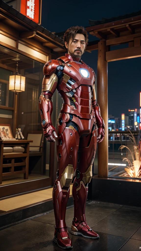 a high quality 3d realistic image of "Japan as Iron Man", featuring Iron Man in his official suit but with a Japanese twist. The design incorporates elements of Japanese culture, such as traditional patterns, symbols, and colors. The futuristic suit is adorned with intricate details inspired by Japanese art and architecture. The overall look is a seamless blend of Iron Man's iconic armor and Japanese aesthetics, creating a unique and visually striking interpretation. The scene is set against a backdrop that combines futuristic cityscape elements with traditional Japanese landmarks, merging the worlds of Marvel and Japan. The image is rich in detail, with a focus on capturing the essence of both Iron Man and Japanese culture. This artwork is crafted to showcase the fusion of superhero fantasy and cultural inspiration, offering a fresh and captivating take on the beloved character in a stunning 3D rendering.