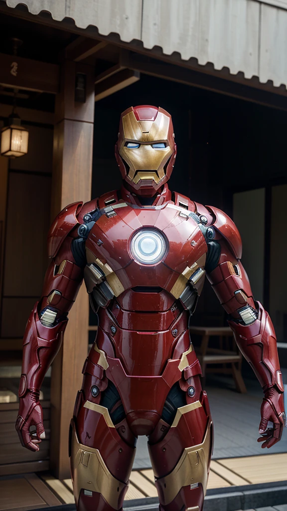 a high quality 3d realistic image of "Japan as Iron Man", featuring Iron Man in his official suit but with a Japanese twist. The design incorporates elements of Japanese culture, such as traditional patterns, symbols, and colors. The futuristic suit is adorned with intricate details inspired by Japanese art and architecture. The overall look is a seamless blend of Iron Man's iconic armor and Japanese aesthetics, creating a unique and visually striking interpretation. The scene is set against a backdrop that combines futuristic cityscape elements with traditional Japanese landmarks, merging the worlds of Marvel and Japan. The image is rich in detail, with a focus on capturing the essence of both Iron Man and Japanese culture. This artwork is crafted to showcase the fusion of superhero fantasy and cultural inspiration, offering a fresh and captivating take on the beloved character in a stunning 3D rendering.