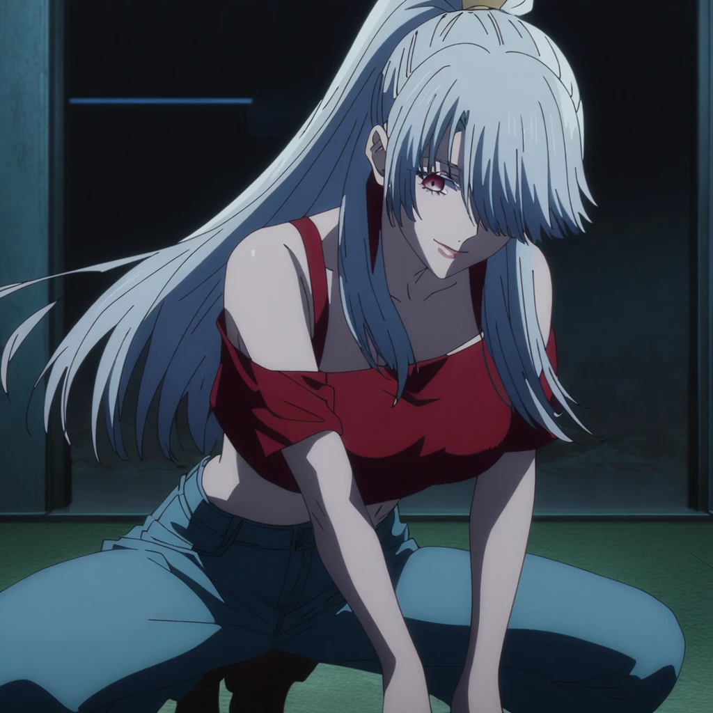 1girl, female gojo satoru, anime screencap from jujutsu kaisen, gojo satoru female version, solo, long_hair, Red eyes (silver_hair)), night view, (hanging breasts) upper_body, smile, indoors, book, red_eyes, lips, (high ponytail) ((wearing red crop top and jeans and off the shoulder jacket)) breast, "very detailed and high resolution" (Red eyes) (cross arms) ((long hair, hair over one eyes)) ((solo)) (front view) (earings) ((high resolution)) ((good quality)) ((side bangs)) ((full body))