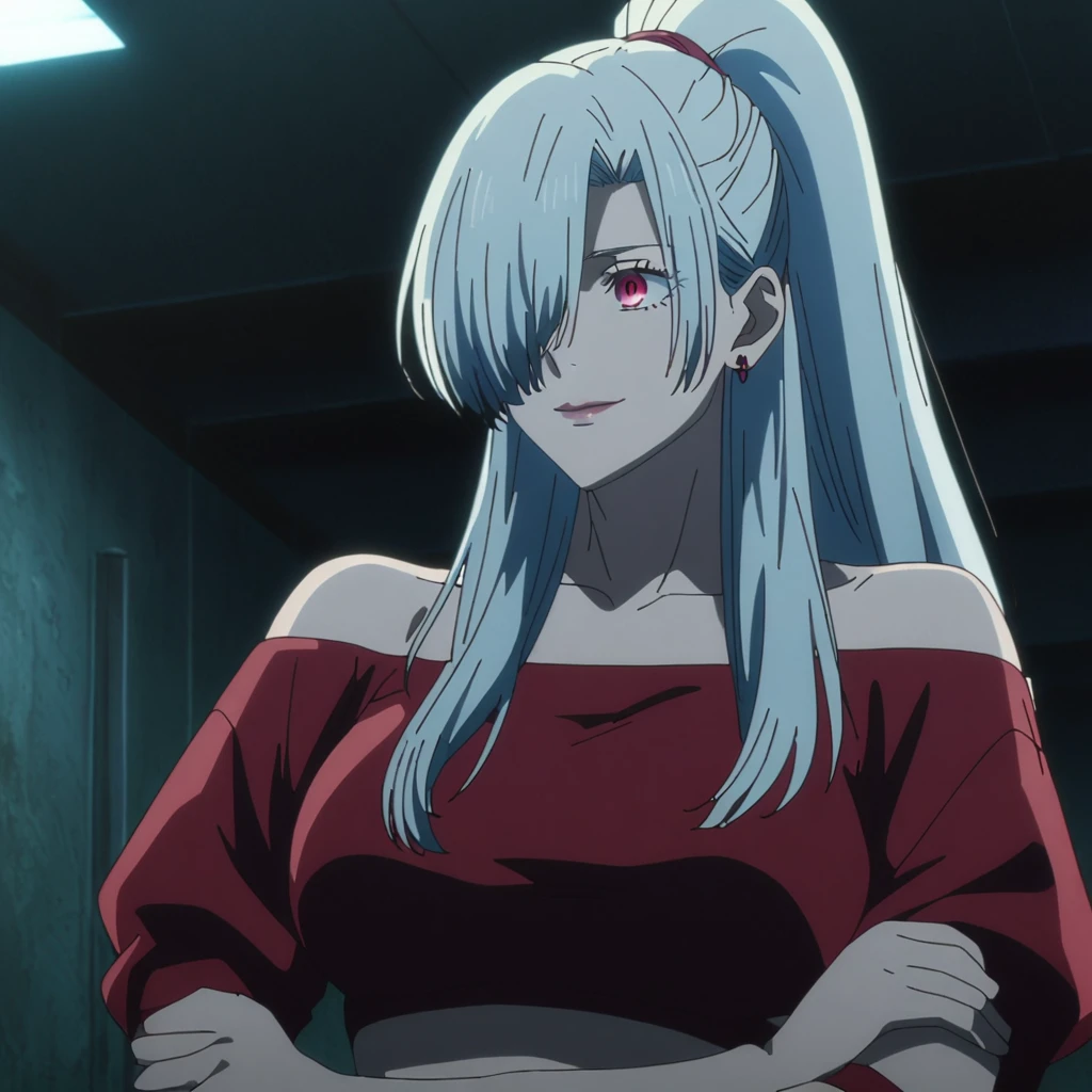 1girl, female gojo satoru, anime screencap from jujutsu kaisen, gojo satoru female version, solo, long_hair, Red eyes (silver_hair)), night view, (hanging breasts) upper_body, smile, indoors, book, red_eyes, lips, (high ponytail) ((wearing red crop top and jeans and off the shoulder jacket)) breast, "very detailed and high resolution" (Red eyes) (cross arms) ((long hair, hair over one eyes)) ((solo)) (front view) (earings) ((high resolution)) ((good quality)) ((side bangs)) ((full body))