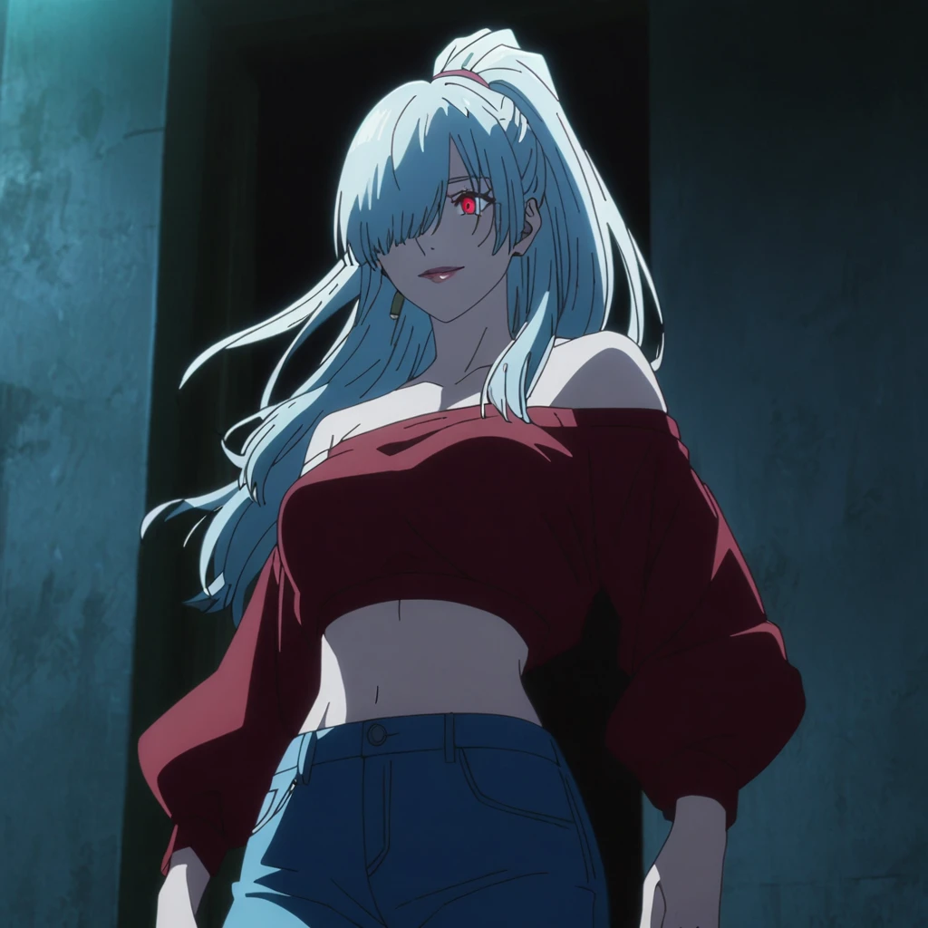 1girl, female gojo satoru, anime screencap from jujutsu kaisen, gojo satoru female version, solo, long_hair, Red eyes (silver_hair)), night view, (hanging breasts) upper_body, smile, indoors, book, red_eyes, lips, (high ponytail) ((wearing red crop top and jeans and off the shoulder jacket)) breast, "very detailed and high resolution" (Red eyes) (cross arms)  ((long hair, hair over one eyes)) ((solo)) (front view) (earings) ((high resolution)) ((good quality)) ((side bangs)) ((full body))