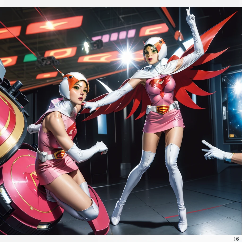 ANI_CLASSIC_jun_gatchaman_ownwaifu,1girl, 15 years old,good anatomy, masterpiece, best quality,realistic, hyperrealistic, 16k hdr,breasts,green eyes,lips,large breasts,lipstick,makeup,gloves,cape,helmet,belt,elbow gloves,white gloves,mask,ultra miniskirt,leotard,spacesuit,white tight overknee highheels boots,pink dress,superhero,bodysuit,cleavage,erected nipples,((fighting poses)),cameltoe