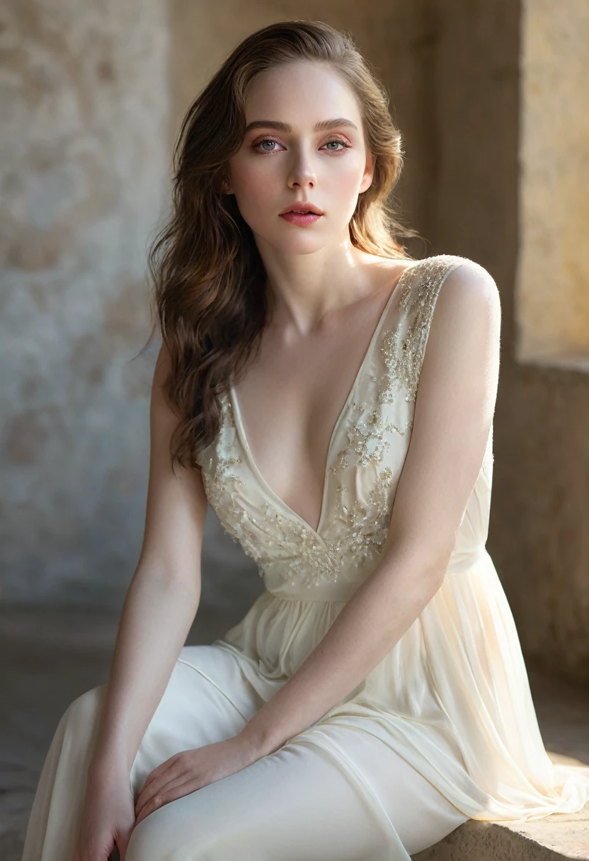 (work of art, best qualityer, high resolution:1.2), RAW photoshot, photoshotrealisitic, naturallight, epic realism, Jorge, a stunning beauty, sits elegantly with artistic precision, your pale white skin glowing in the heat, soft and bright diffused light. Os olhos dela, reminiscent of Raphael's masterpieces, shine with an inner glow. Every detail of your skin is intricately rendered: skin pore, skin wrinkles, Healthy skin, bristles and goosebumps on the skin, all visible , cinematic lighting. Your thighs are toned and healthy, with a subtle glow on your skin. Your lips shine with a softness, pink glitter, with professional color grading for maximum impact. The framing of the shot captures Jorge's natural proportions, Adhering to the golden ratio, creating an air of serenity and beauty.punctuation_9, punctuation_8_High above, punctuation_7_High above, punctuation_7, punctuation_6_High above, standing alone, 1 girl, beautiful 20 year old woman, braid, big green eyes, looking at side, natural breasts, photoshot, detailded, sharp focus, innocent, flirt, seducer, (show the chest through wear), slim girl with perfect body and tanned skin, cute, pleasurable, seducer, freckles, 85mm, darkness room, shiny, standing, side chest, cru, realisitic, loose top, Correia, messy basement, Dimly lit room at night, SUNSET, godrays, lateral view, d3t41l3d
