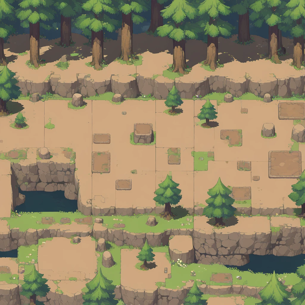 retro video game style,pixelated pastel colors,8-bit characters,blocky shapes,sharp lines,detailed shading,classic gaming vibe,nostalgic atmosphere,classic arcade games,masterpiece:1.2,ultra-detailed,illustration style, 2d texture, stone texture, 4 k seamless mud texture, video game texture, dirt texture, tileset, game tiles, grass, 3/4th perspective trees, cliff formation tileset, cliff texture tileset, 3/4th perspective forest, topdown view, game texture, game art, dirt, , tileable texture, top down view, 3/4th perspective