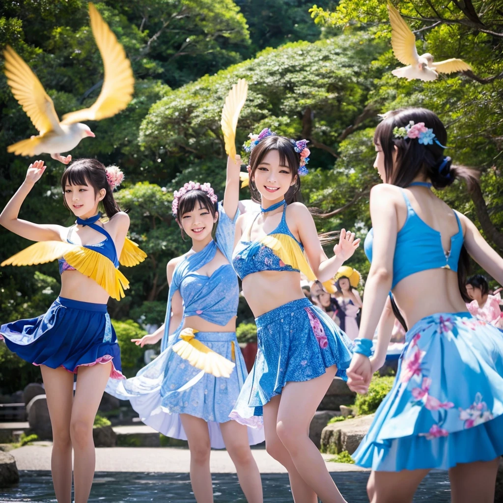 Cute Japan、Three sexy beauties perform synchronized dancing、Surreal and dreamlike environments。The scene captures their choreography with bird&#39;s-eye views and wide shots.、The lighting is blue and purple、It enhances the dreamlike atmosphere of this scene.。