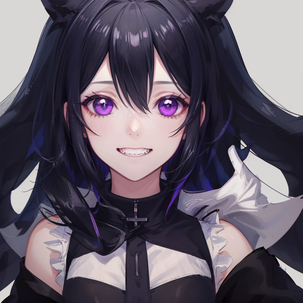 best quality, masterpiece, very aesthetic, half-length portrait, front view, facing_viewer, Front Facing,1 girl, black hair, long hair, monochromatic, pale face, crazy eyes, insane, sleeveless turtleneck, wearing coat with low hanging shoulders, purple eyes, looking_at_viewer, yandere face, gesugao, crazy grin, black linings, stark white background, plain background, simple_background ,edgGesugao, yandere,