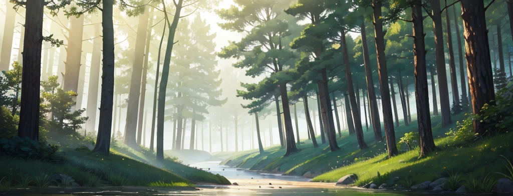 A classic forest with big green and brown trees and a river with blue fog