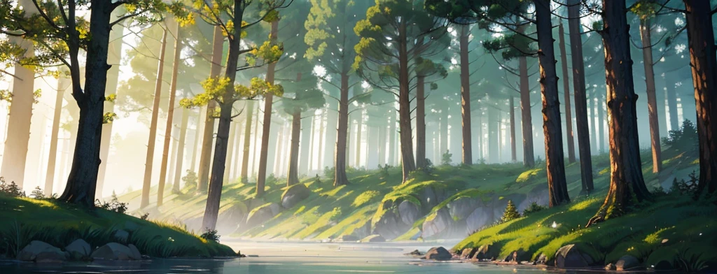 A classic forest with big green and brown trees and a river with blue fog