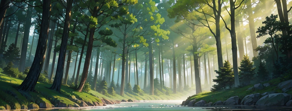 A classic forest with big green and brown trees and a river with blue fog